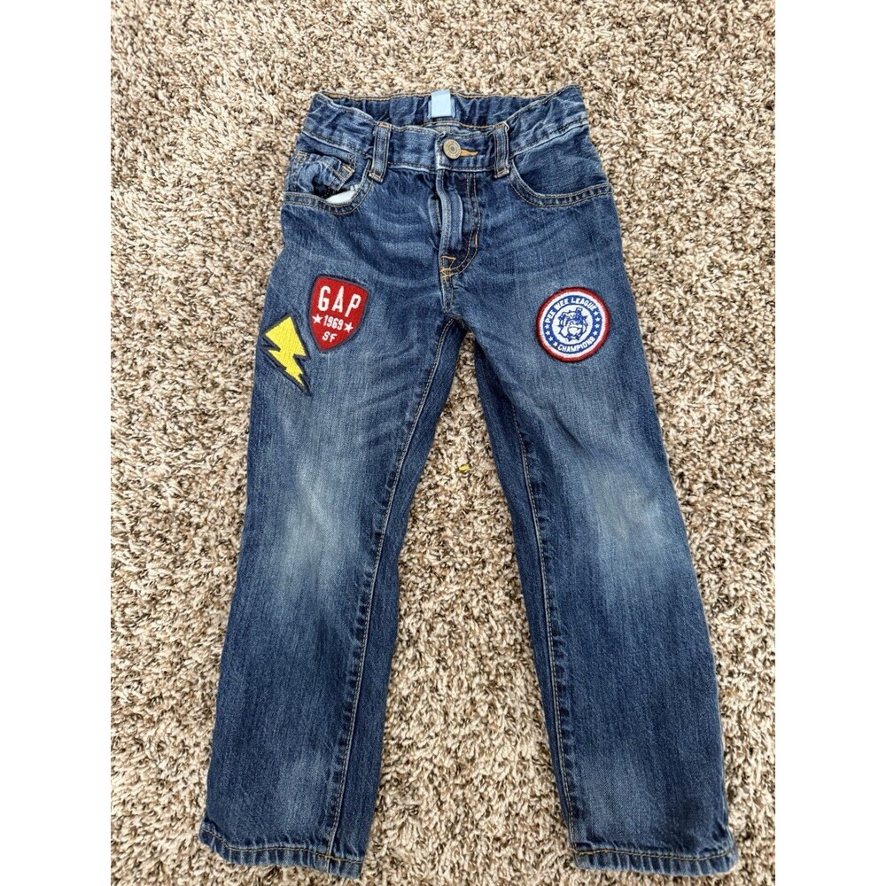 Gap Kids Patch Jeans Straight Leg Blue Denim Size 5 Yrs Lightning Bolt